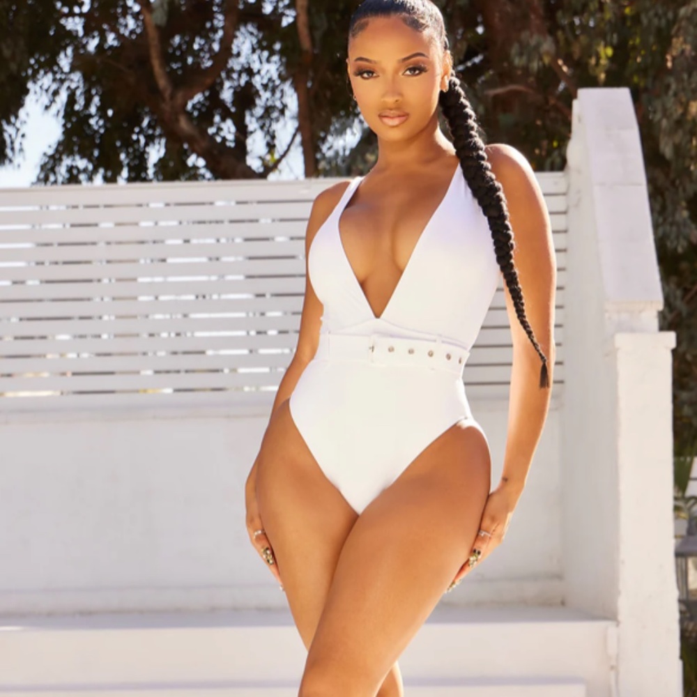 Fashion Nova White Belted Swimsuit